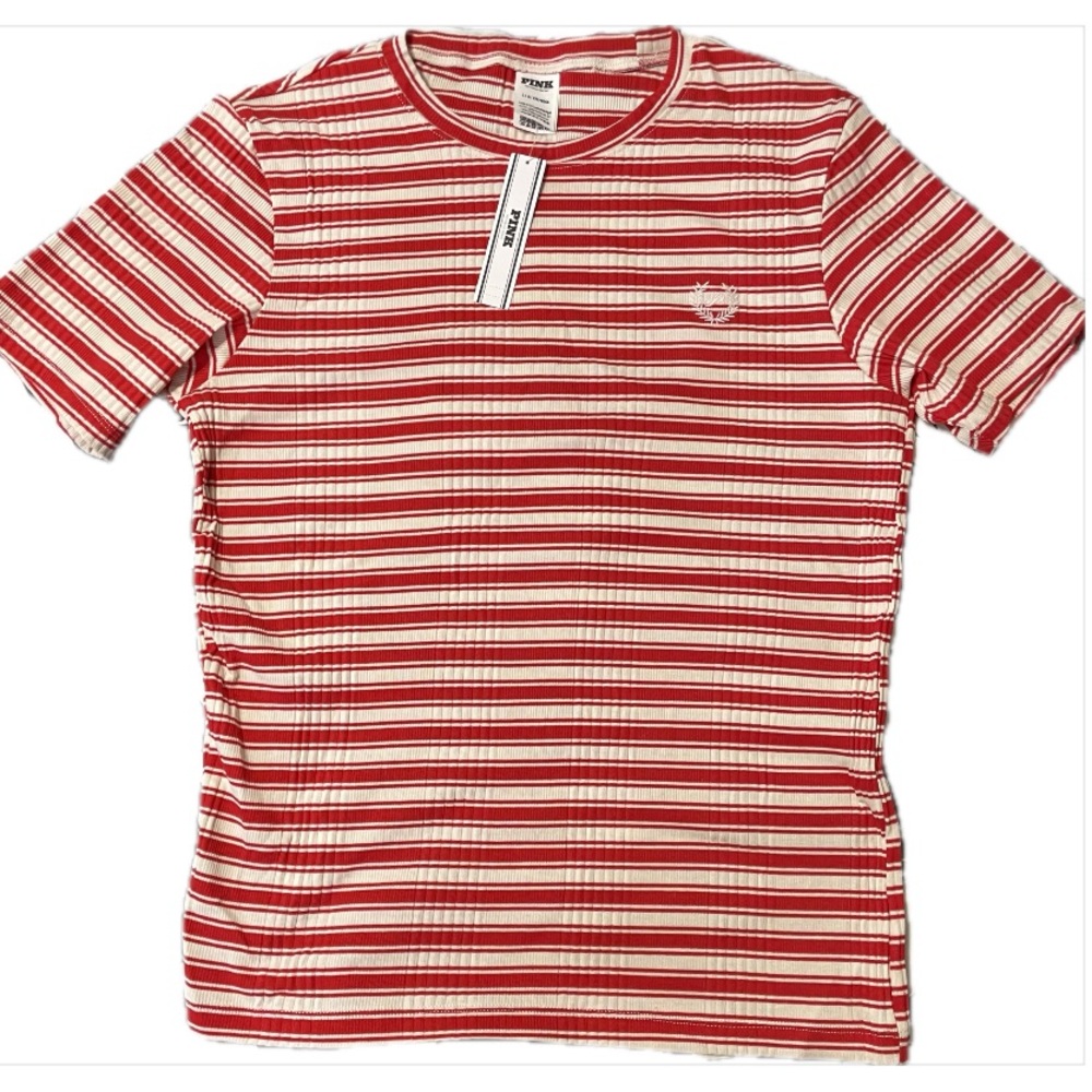 VICTORIA SECRET PINK Fitted rib-knit tee Red Pepper Stripe color size L NWT - Picture 2 of 11